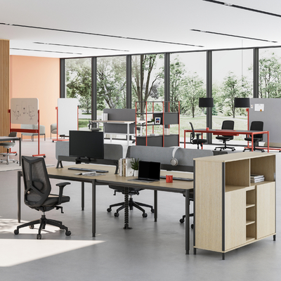 FLEX 4 Person Double Sided Office Workstation Desk Adjustable Height With Sleek Light Wood Surface